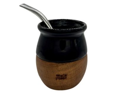 QUECHUA CERAMIC GOURD ON TIMBER BASE WITH S/S STRAW