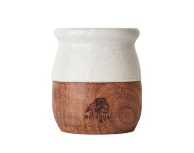 QUECHUA CERAMIC GOURD ON TIMBER BASE WITH S/S STRAW